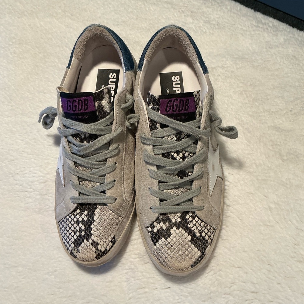 Golden Goose Snake Print Sneakers with Gray and White Accents